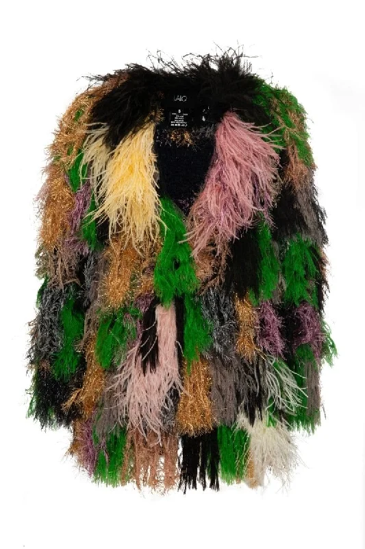 PINK AND GREEN FRINGED WOOL-BLEND CARDIGAN Patchwork Embroidered Appliqued