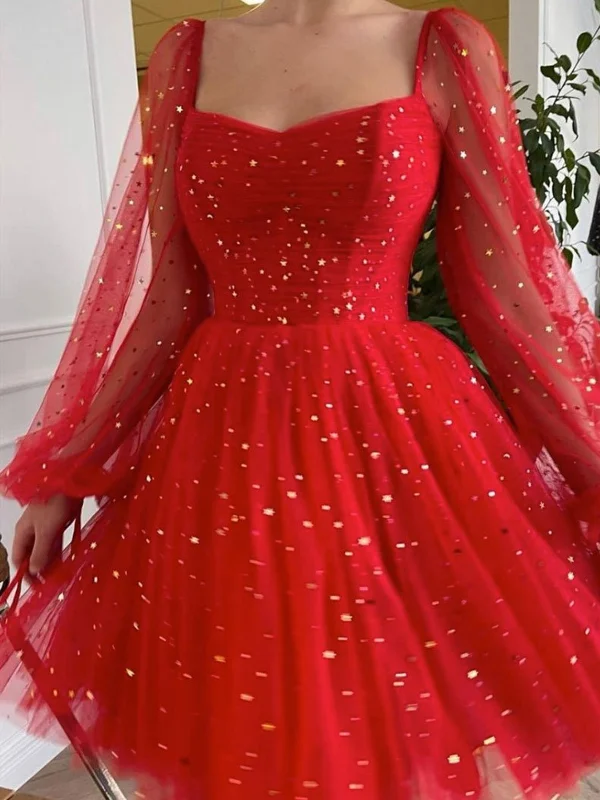 Shiny Long Sleeves Short Red Prom Dresses, Long Sleeves Short Red Formal Graduation Dresses Shiny Long Sleeves Short Red Prom Dresses, Long Sleeves Short Red Formal Graduation Dresses