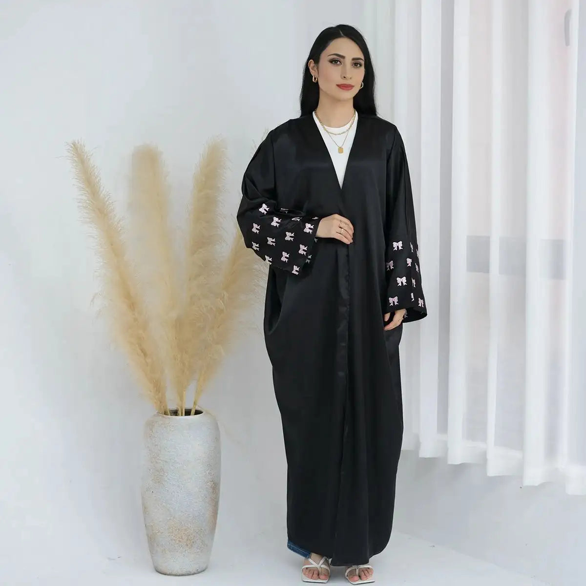 Bows Embroidery Sleeve Cardigan Open Abaya Dress Real Fur Shearling Chenille