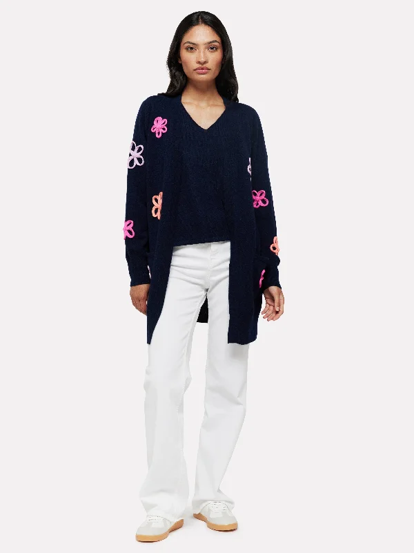 Flower Pop Cardigan Navy - Brodie Cashmere Bright Pastel Dark