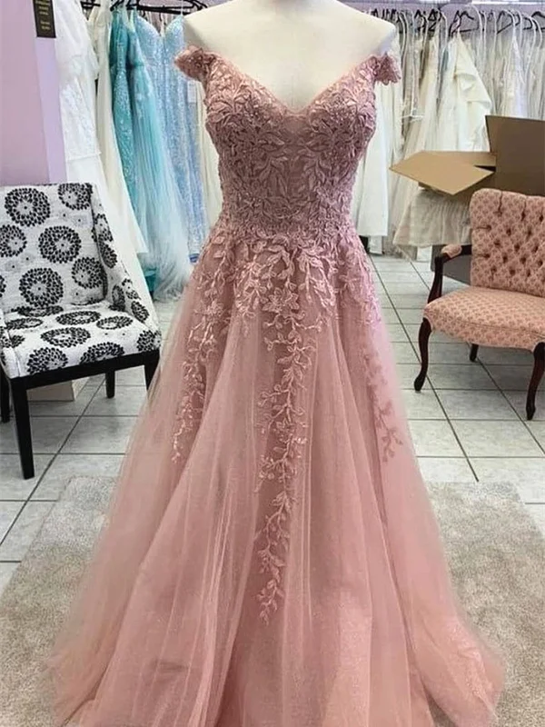 Off the Shoulder Pink Lace Prom Dresses, Pink Lace Off Shoulder Long Formal Evening Dresses Off the Shoulder Pink Lace Prom Dresses, Pink Lace Off Shoulder Long Formal Evening Dresses