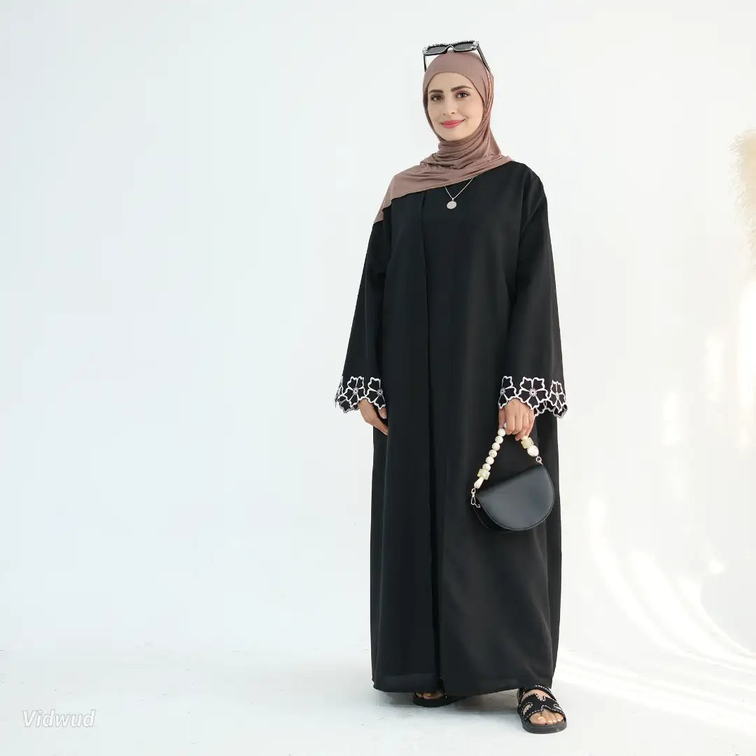 Flower Embroidery Dubai Cardigan Open Abaya Dress Welt Pockets Slit Pockets Flap Pockets
