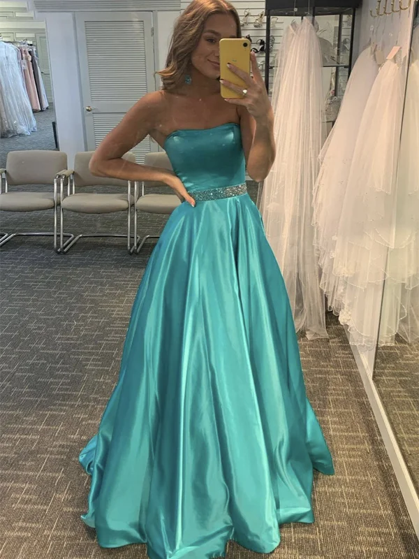 Strapless Green Satin Long Prom Dresses, Strapless Green Satin Long Formal Evening Dresses Strapless Green Satin Long Prom Dresses, Strapless Green Satin Long Formal Evening Dresses