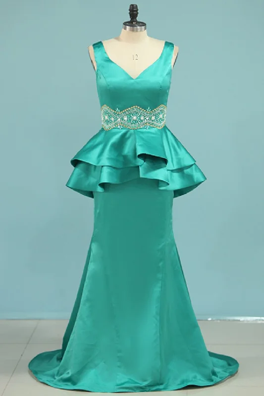 Satin Prom Dresses Mermaid V Neck With Beading Sweep Train