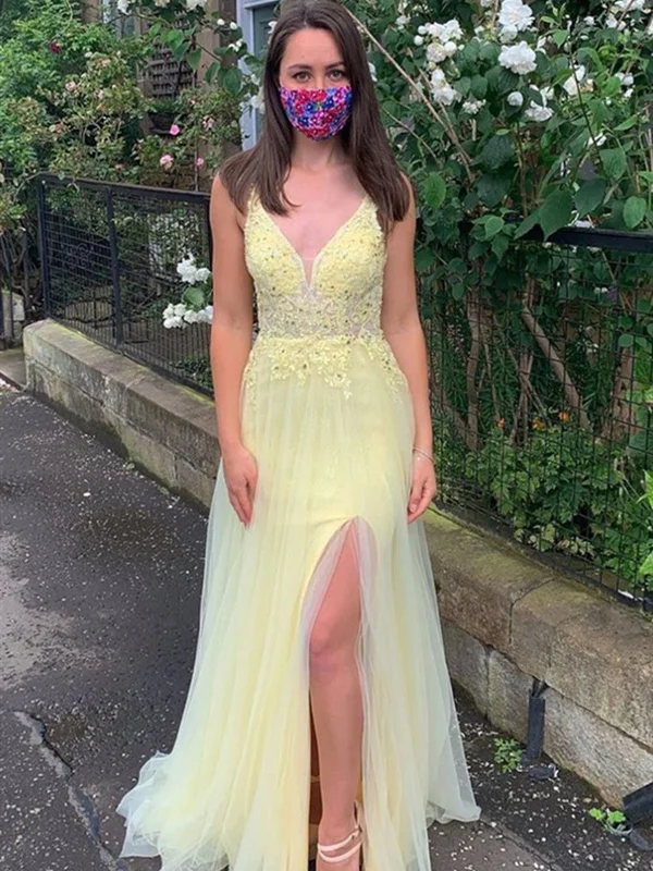 Spaghetti Straps V Neck Yellow Lace Prom Dresses, Open Back Yellow Lace Formal Evening Dresses Spaghetti Straps V Neck Yellow Lace Prom Dresses, Open Back Yellow Lace Formal Evening Dresses
