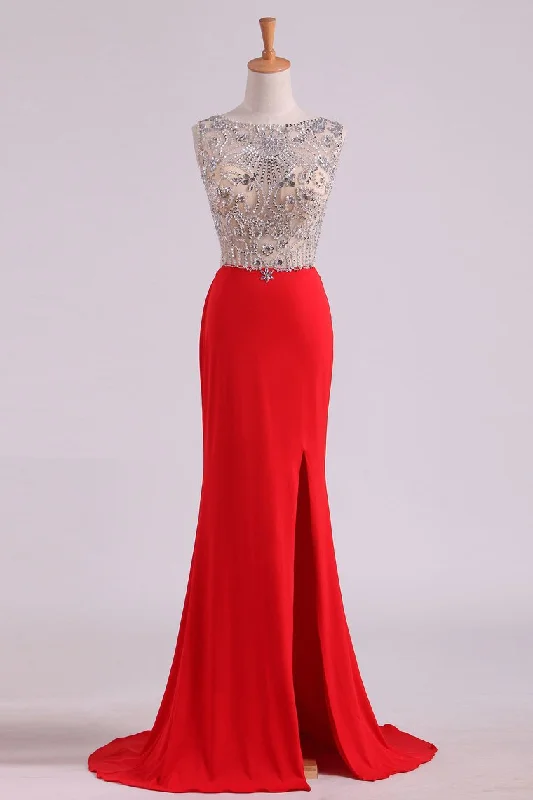 Scoop Beaded Bodice Prom Dresses With Beading Backless Spandex