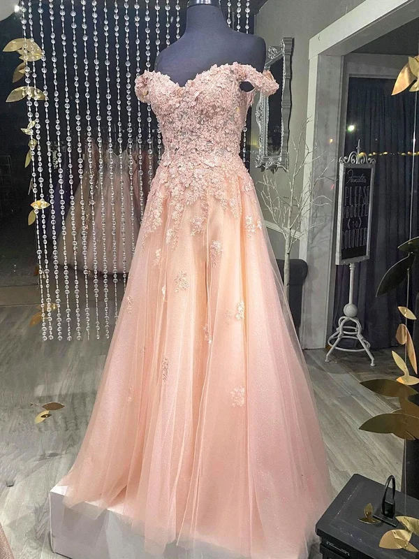 Off the Shoulder Pink-Champagne Lace Prom Dresses, Off Shoulder Lace Formal Evening Dresses Off the Shoulder Pink-Champagne Lace Prom Dresses, Off Shoulder Lace Formal Evening Dresses