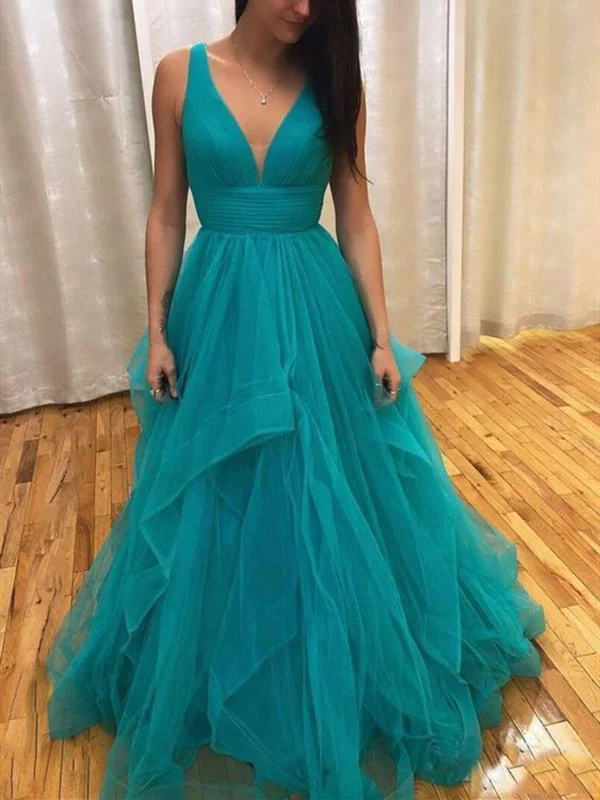Deep V Neck Teal Tulle Prom Dresses, V Neck Teal Tulle Long Formal Evening Dresses
