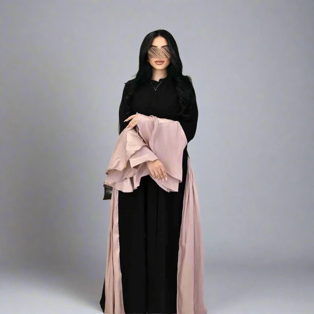 Ruffled Sleeves Satin Cardigan Open Abaya Dress Modern Contemporary chic