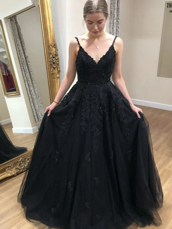 A Line V Neck Black Lace Prom Dresses, Black V Neck Lace Formal Evening Dresses