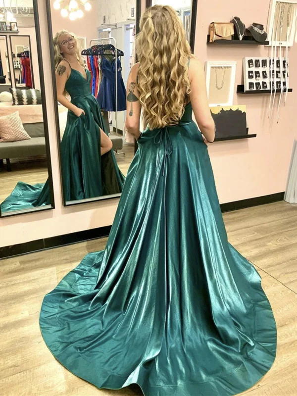 Emerald Green V Neck Long Prom Dresses, Green V Neck Long Formal Evening Dresses