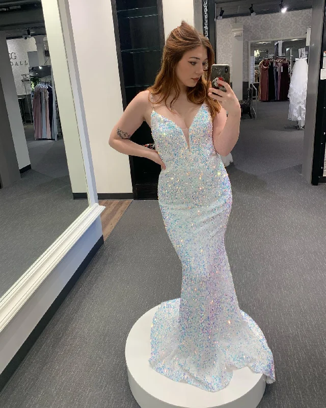 Mermaid White Sequins V Neck Long Prom Dress,DS3098