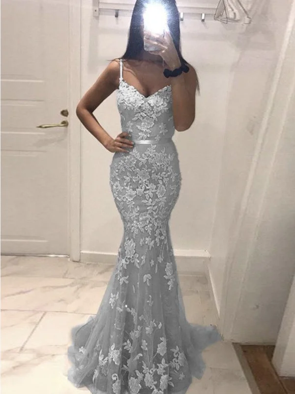 Silver Gray V Neck Mermaid Lace Prom Dresses, Gray Mermaid Lace Formal Evening Dresses Silver Gray V Neck Mermaid Lace Prom Dresses, Gray Mermaid Lace Formal Evening Dresses