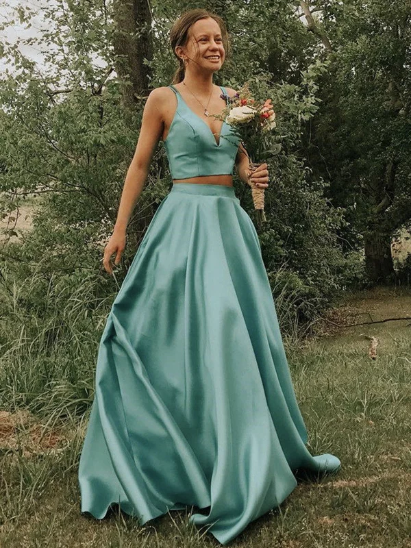 V Neck 2 Pieces Green Long Prom Dresses, Two Pieces Green Long Formal Evening Dresses V Neck 2 Pieces Green Long Prom Dresses, Two Pieces Green Long Formal Evening Dresses