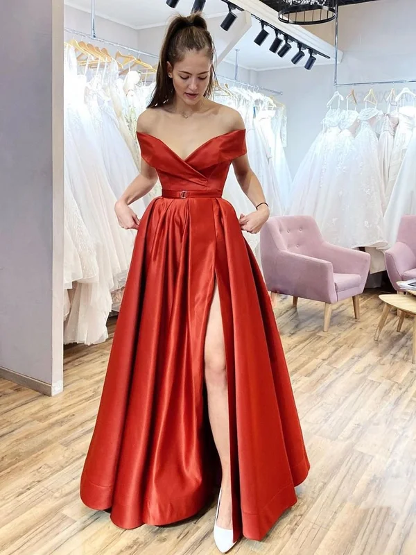 Off the Shoulder Red Satin Long Prom Dresses, Off Shoulder Red Formal Evening Dresses Off the Shoulder Red Satin Long Prom Dresses, Off Shoulder Red Formal Evening Dresses