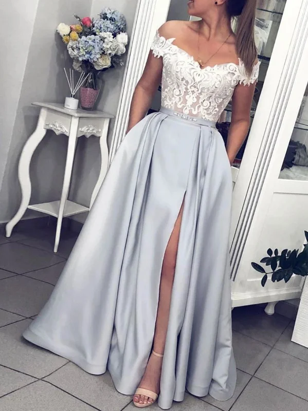 Off the Shoulder Gray Lace Prom Dress, Gray Off Shoulder Lace Formal Evening Dresses Off the Shoulder Gray Lace Prom Dress, Gray Off Shoulder Lace Formal Evening Dresses