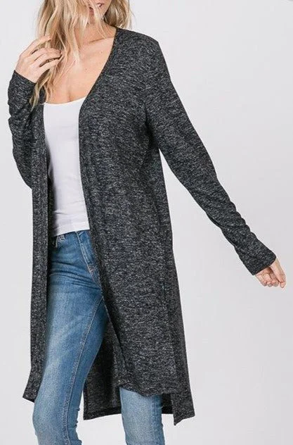 Super Soft Long Sleeve Hacci Open Front Cardigan - Dk Charcoal Hooded Cardigan Collared Cardigan Shawl Collar