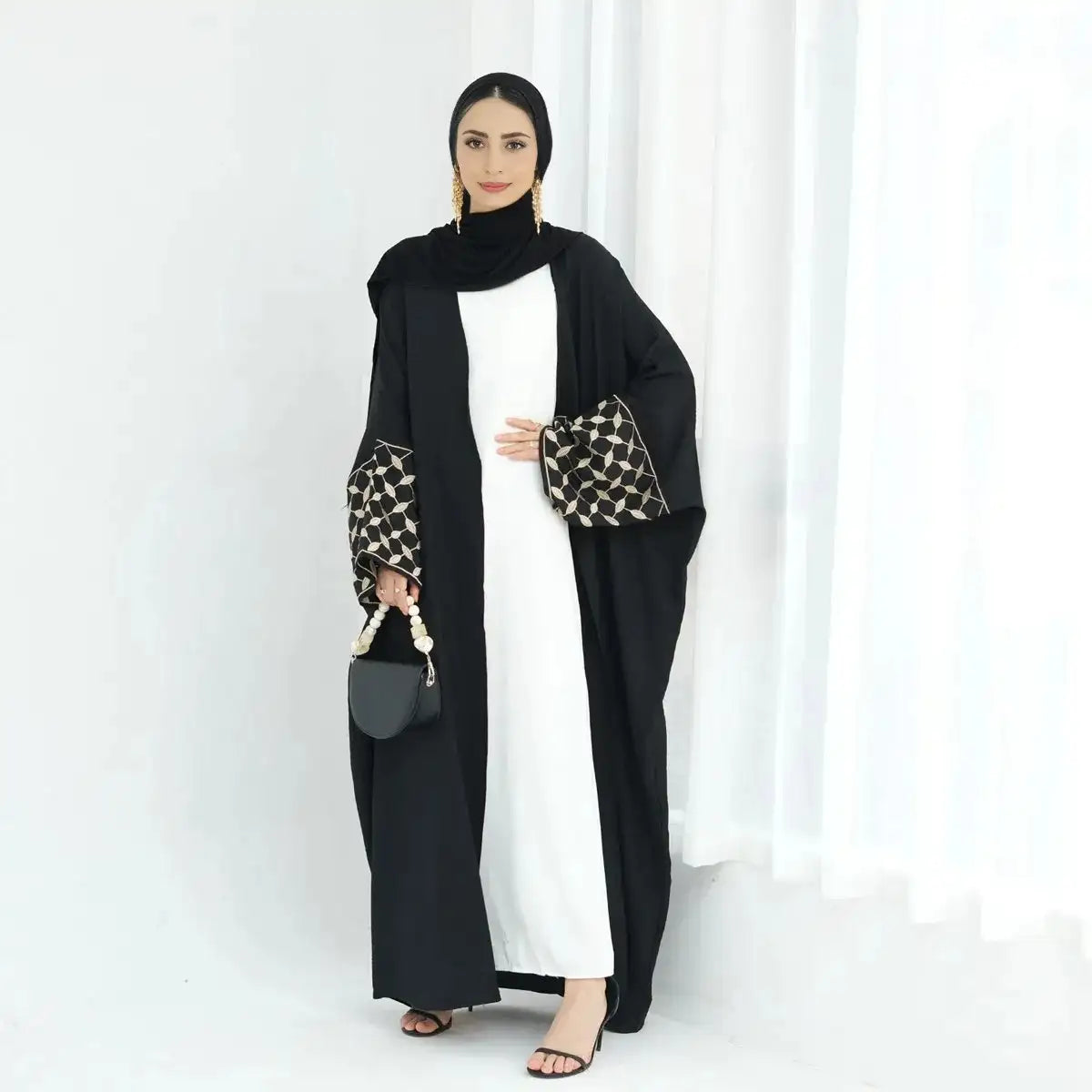 Keffiyeh Embroidery Sleeve Wrinkle Cardigan Open Abaya Dress Lightweight Heavyweight Midweight