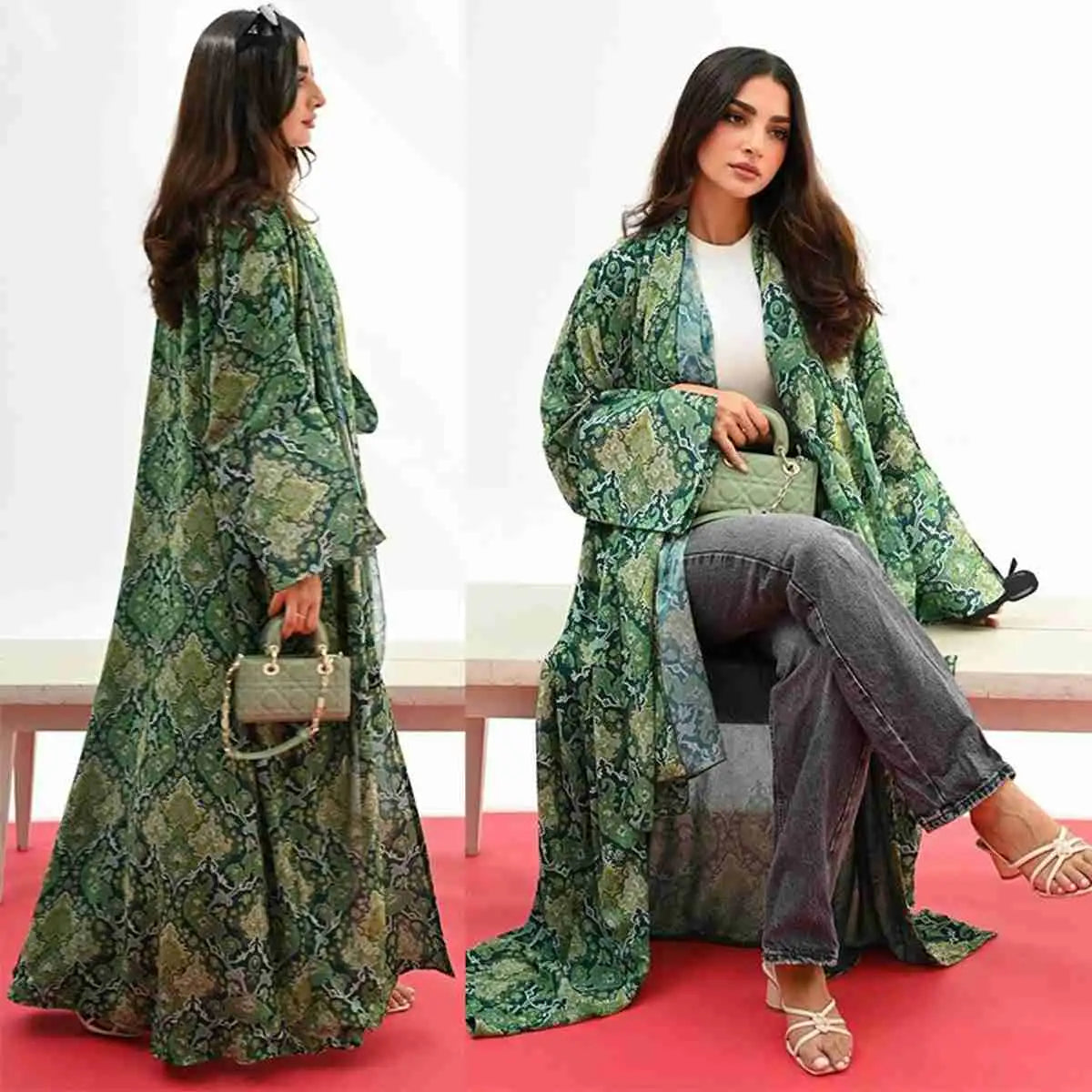 Matching Hijab Green Floral Printed Cardigan Open Abaya Dress Front Pockets Side Pockets Patch Pockets