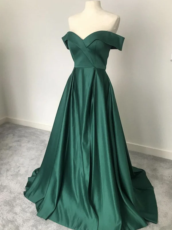 Off the Shoulder Green Satin Long Prom Dresses, Off Shoulder Emerald Green Long Formal Evening Dresses Off the Shoulder Green Satin Long Prom Dresses, Off Shoulder Emerald Green Long Formal Evening Dresses
