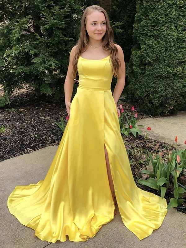 Scoop Neck Yellow Satin Prom Dress with Leg Slit, Yellow Satin Long Formal Evening Dresses Scoop Neck Yellow Satin Prom Dress with Leg Slit, Yellow Satin Long Formal Evening Dresses