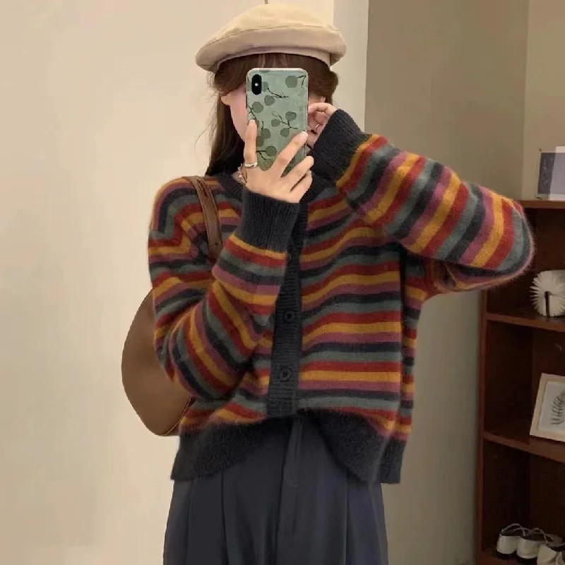 Casual Colorful Women Knitting Cardigan Coats Solid Print Embellished