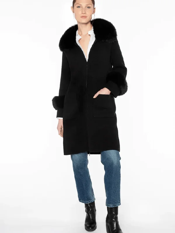 Kinross Cashmere Furry Trim Long Zip Cardigan In Black LFSJ4-186 Boxy Cardigan Fitted Cardigan A-Line