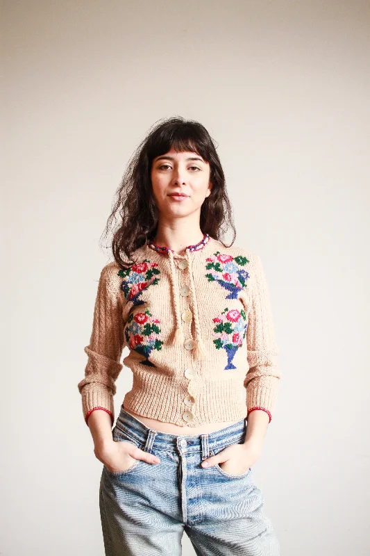 1970s Tan Wool Bouquet Knit Cardigan Satin Blend Silk Blend Wool Blend