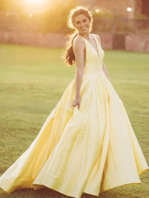 A Line V Neck Yellow Satin Long Prom Dresses, Yellow V Neck Long Formal Evening Dresses A Line V Neck Yellow Satin Long Prom Dresses, Yellow V Neck Long Formal Evening Dresses