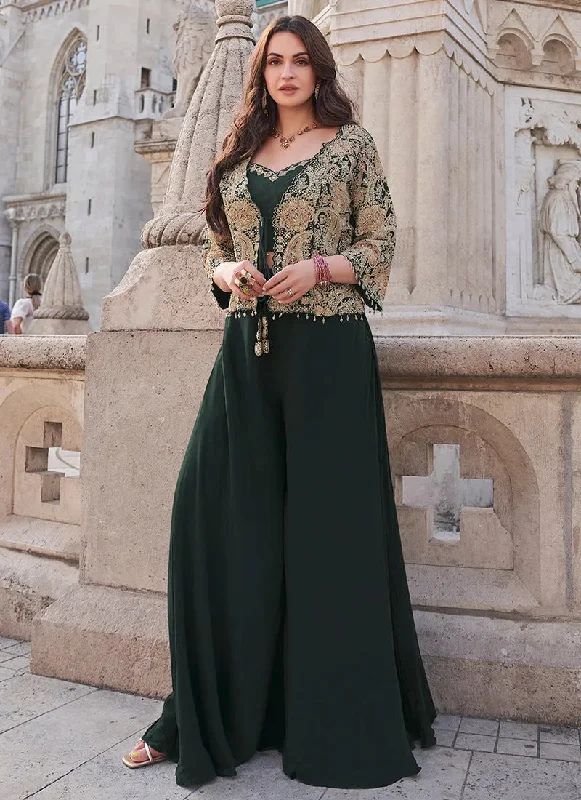 Dark Green Embroidered Jacket Style Designer Palazzo Suit Knit Fabric Woven Fabric Fleece Fabric Dark Green Embroidered Jacket Style Designer Palazzo Suit Knit Fabric Woven Fabric Fleece Fabric