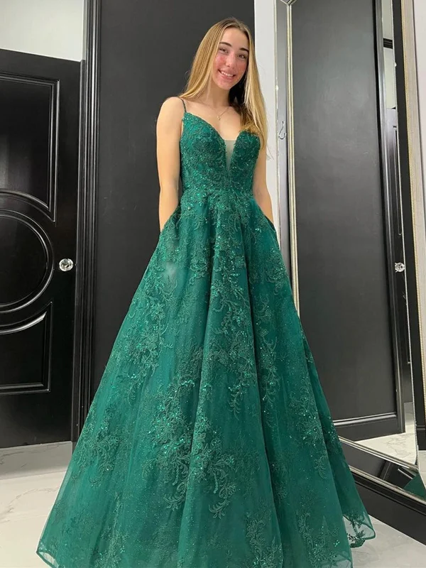 A Line V Neck Green Lace Tulle Prom Dresses, Green Lace Formal Graduation Dresses