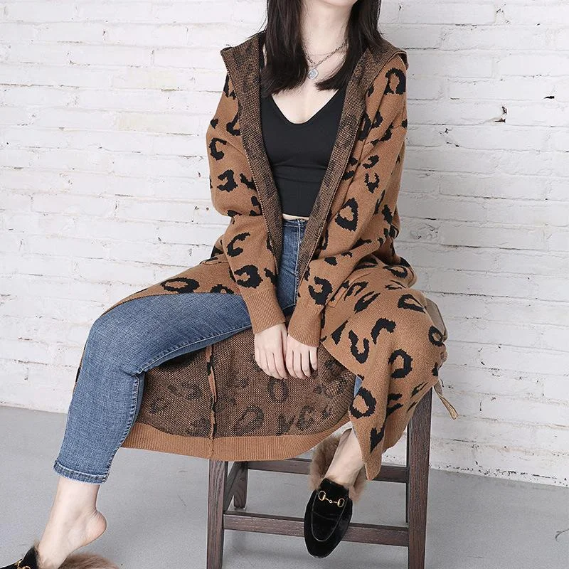 New Leopard Casual Knitting Cardigan Overcoats Fleece Fabric Down Fabric Feather Fabric