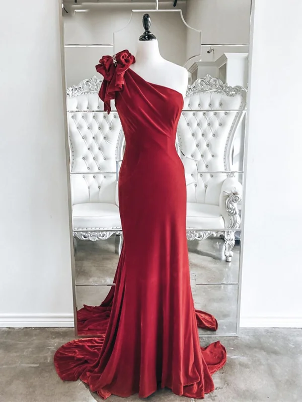 One Shoulder Red Velvet Mermaid Long Prom Dresses, Red Mermaid Long Formal Evening Dresses One Shoulder Red Velvet Mermaid Long Prom Dresses, Red Mermaid Long Formal Evening Dresses