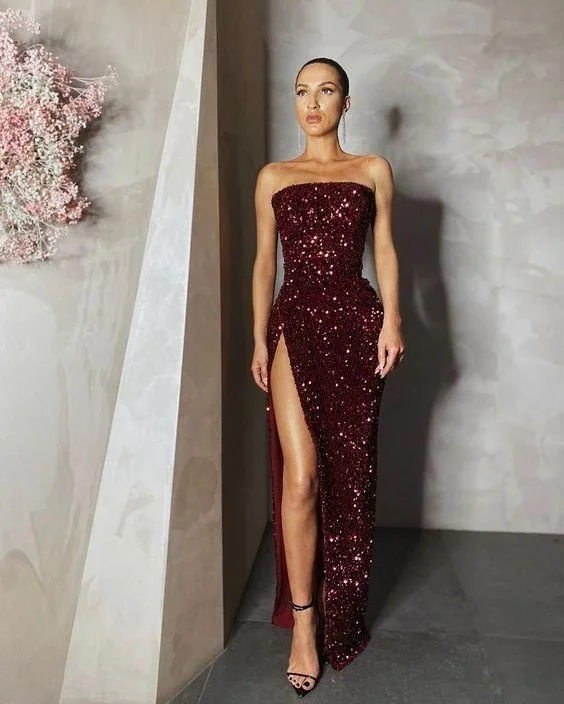 Glitter Mermaid Strapless Sequin Long Evening Dresses with High Slit Formal Prom Dresses,DS3970 Glitter Mermaid Strapless Sequin Long Evening Dresses with High Slit Formal Prom Dresses,DS3970
