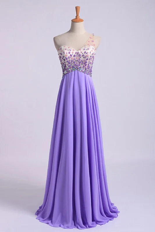 Romantic Prom Dresses A Line One Shoulder With Beadings Tulle And Chiffon Sweep Train Romantic Prom Dresses A Line One Shoulder With Beadings Tulle And Chiffon Sweep Train