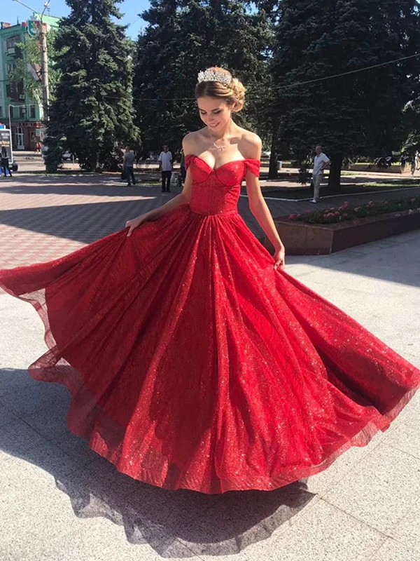 Shiny Off the Shoulder Red Long Prom Dresses, Off Shoulder Red Long Formal Evening Dresses