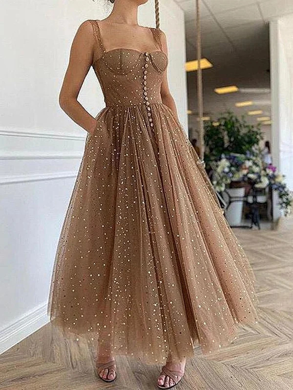 Sparkly Champagne Tea Length Tulle Prom Dresses, Champagne Tea Length Formal Graduation Dresses Sparkly Champagne Tea Length Tulle Prom Dresses, Champagne Tea Length Formal Graduation Dresses