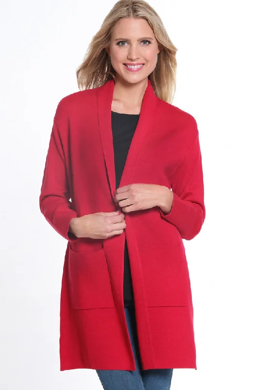 3/4 SLEEVE DROP SHOULDER SHAWL COLLAR OPEN FRONT CARDIGAN SWEATER - VIVID RED Casual Formal Business