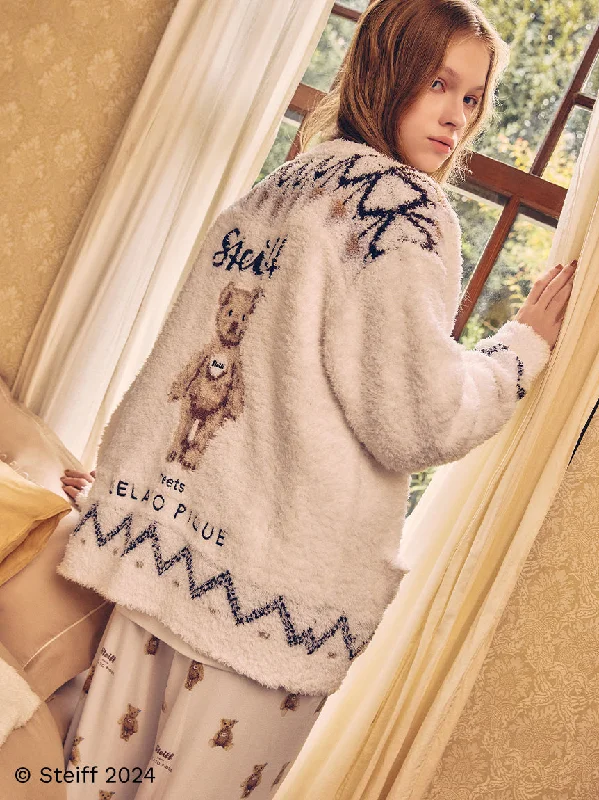 [Steiff] Fair Isle Pattern Fuzzy Cardigan Mesh Blend Leather Blend Suede Blend
