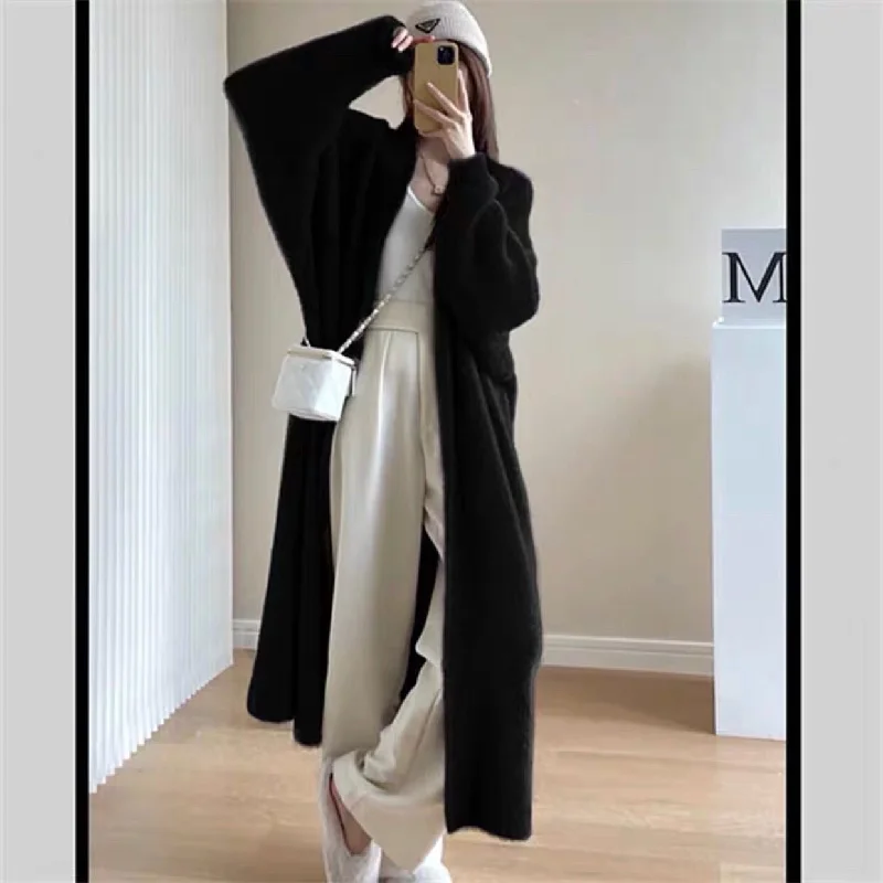 Classy Mink Velvet Cozy Long Knitting Cardigan Coats Crew Neck V-Neck Turtle Neck