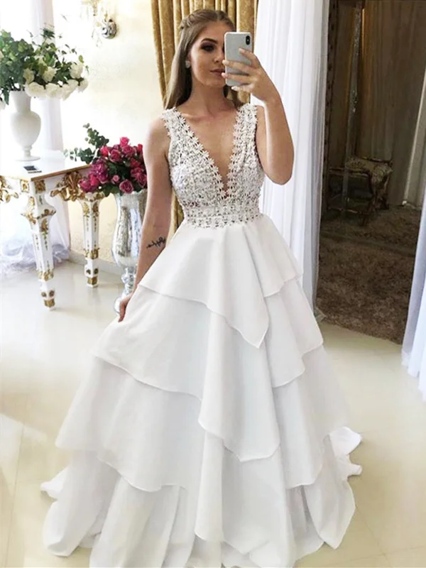 V Neck White Lace Prom Dresses, V Neck White Lace Formal Evening Dresses