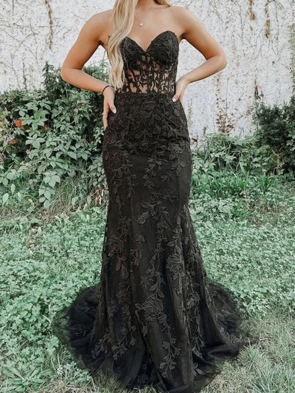Sweetheart Neck Black Lace Mermaid Prom Dresses Long, Black Mermaid Lace Formal Graduation Dresses