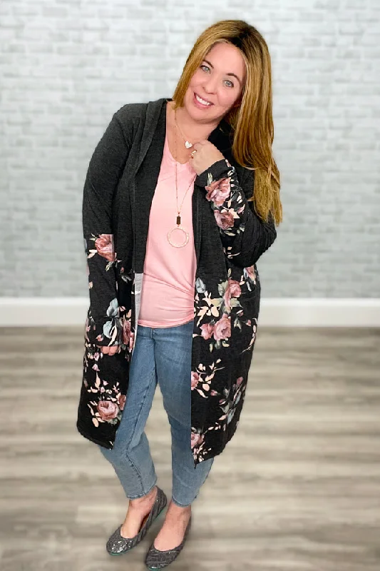 Charcoal and Pink Hoodie Cardigan with Color Block Solid & Floral Print Cable Knit Ribbed Knit Lace Knit