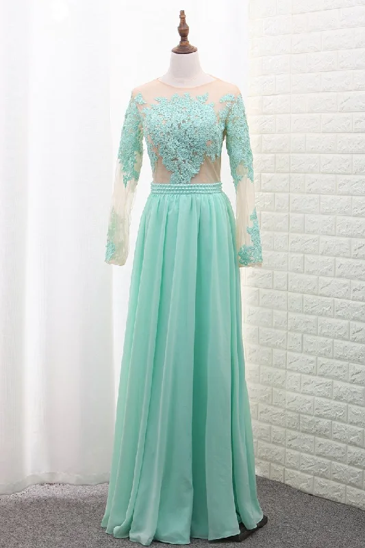 Scoop A Line Chiffon Long Sleeves Prom Dresses With Applique Floor Length
