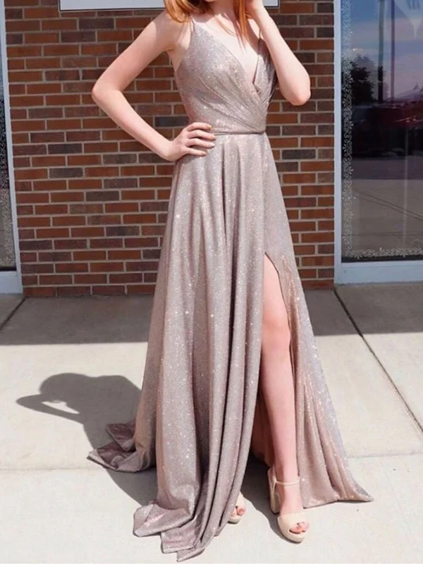 Shiny A Line V Neck Champagne Long Prom Dresses, Champagne V Neck Long Formal Evening Dresses Shiny A Line V Neck Champagne Long Prom Dresses, Champagne V Neck Long Formal Evening Dresses