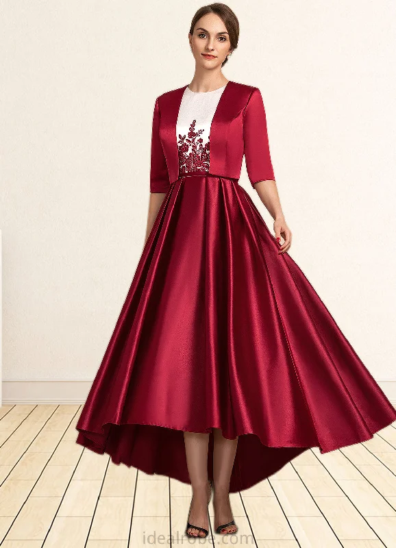 Dulce A-Line Scoop Neck Asymmetrical Satin Lace Mother of the Bride Dress With Ruffle Sequins Pockets STK126P0014853 Dulce A-Line Scoop Neck Asymmetrical Satin Lace Mother of the Bride Dress With Ruffle Sequins Pockets STK126P0014853