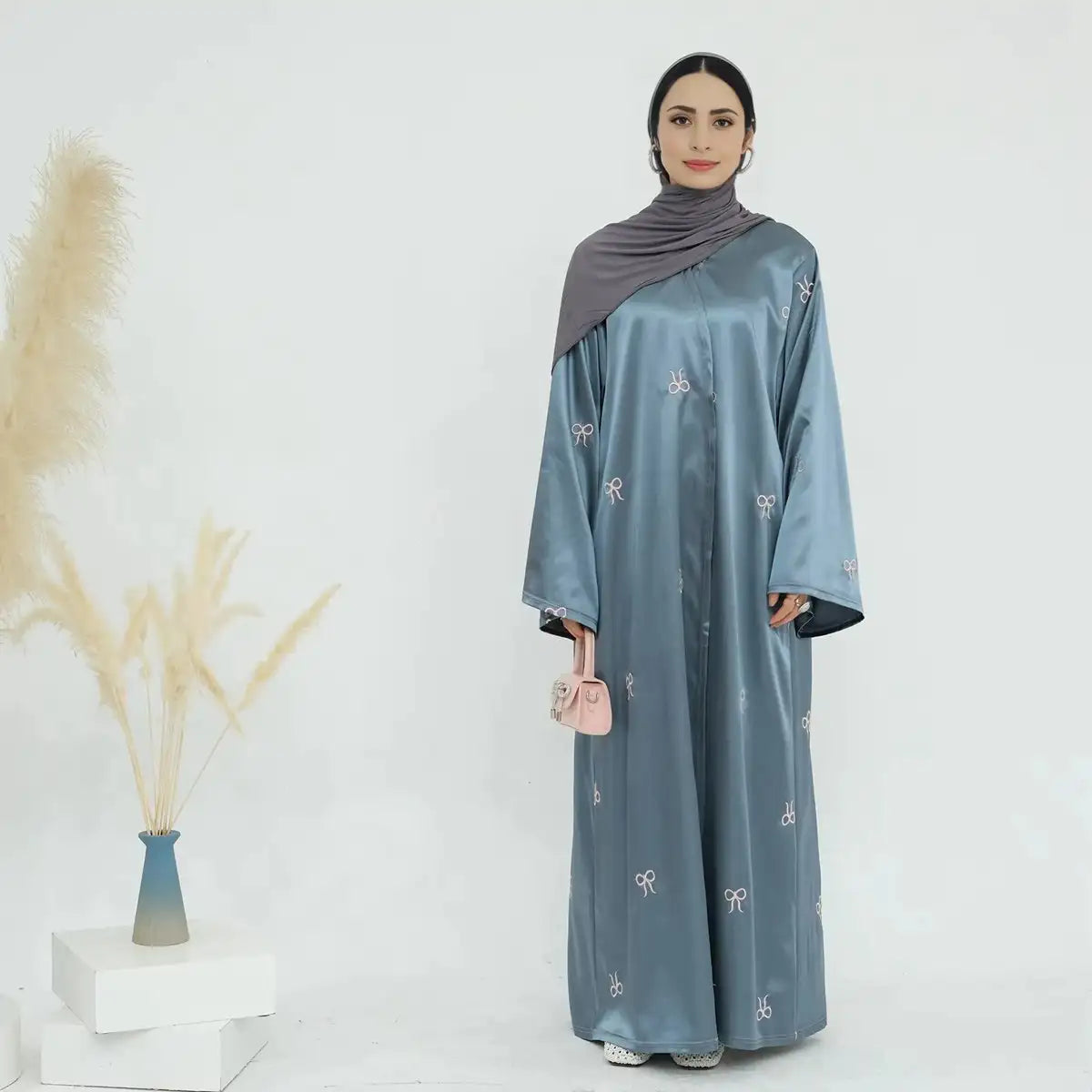 Satin Bow Embroidery Cardigan Open Abaya Dress Nylon Fabric Polyester Fabric Spandex Fabric