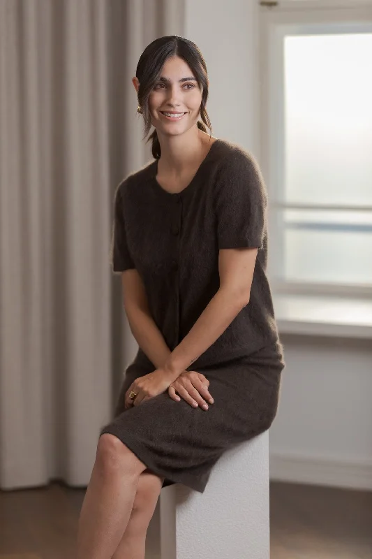 Karlia Short Sleeve Cashmere Cardigan Dark Chocolate Hooded Cardigan Collared Cardigan Shawl Collar