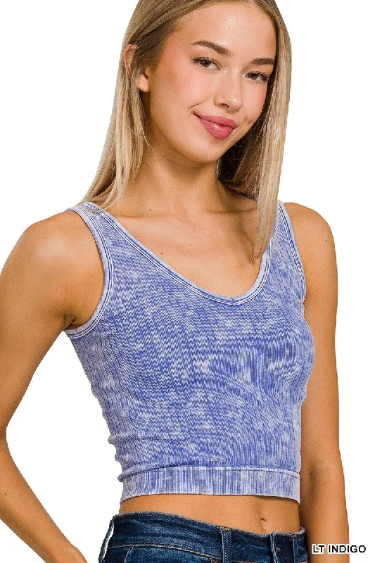 LIGHT INDIGO 2 WAY NECKLINE WASHED RIBBED CROPPED TANK TOP flexible tank top