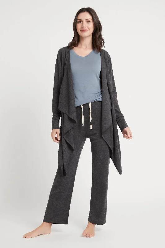 Women's Merino Drape Cardigan Charcoal Marle Ribbed Striped Patterned
